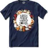 Life Begins After Coffee | Koffie - Coffee - Vintage - T-Shirt - Unisex - Navy Blue - Maat 3XL