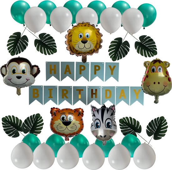 Jungle Versiering - Jungle Ballon Set - Jungle Decoratie - 48 items - Jungle dieren - Verjaardag Versiering - Happy Birthday Slinger - Ballonnen - Fienosa