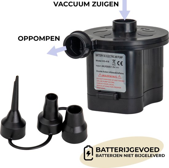 Zwarte elektrische luchtpomp met adapter, voor oppompen en vacuüm zuigen.