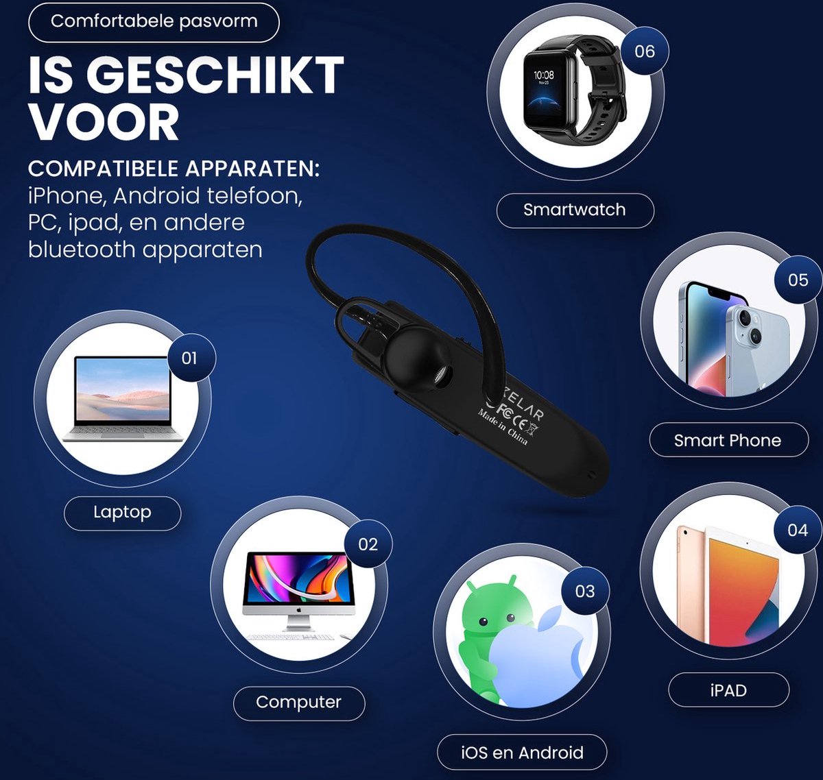 Draadloze Headset - Bluetooth 5.0 oortjes - Handsfree bellen - Oordopjes - 24 uur bellen - Noice Cancelling Microfoon - Zwart thumbnail 2