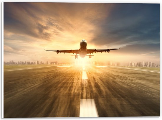 PVC Schuimplaat - Landend Vliegtuig bij Prachtige Zonsondergang - 40x30 cm Foto op PVC Schuimplaat (Met Ophangsysteem)
