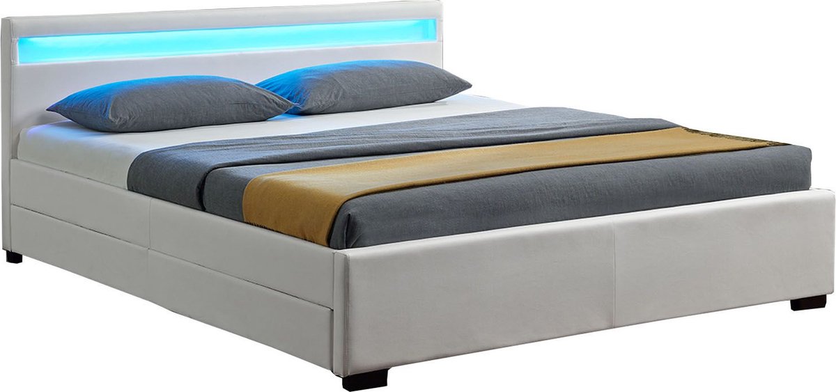 Gestoffeerd bed Lyon - 140 x 200 cm - Wit - LED Verlichting & Bedlades