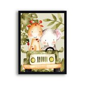 Postercity - Poster Jungle Giraf en Olifant in de Jeep links - Jungle/Safari Dieren Poster - Kinderkamer / Babykamer - 30x21cm / A4
