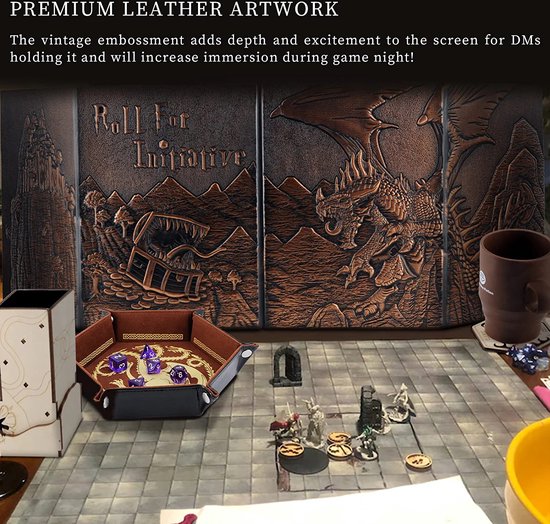 Thumbnail van een extra afbeelding van het spel Dungeons and Dragons Dungeon Master Screen gemaakt van Faux Leather Embossed Dragon & Mimic, vier panelen met ruimte voor bijgeleverde A4 bladen, DM Scherm voor Dungeons and Dragon, Pathfinder en TTRPG