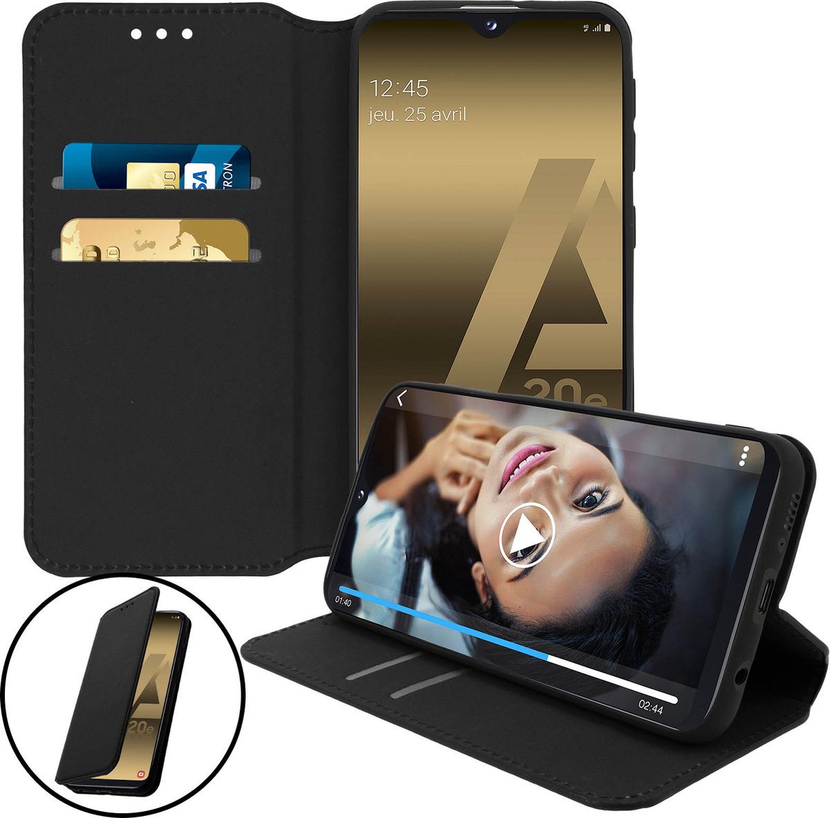Hoes Geschikt voor Samsung Galaxy A20e klep portefeuille, video standaard zwart