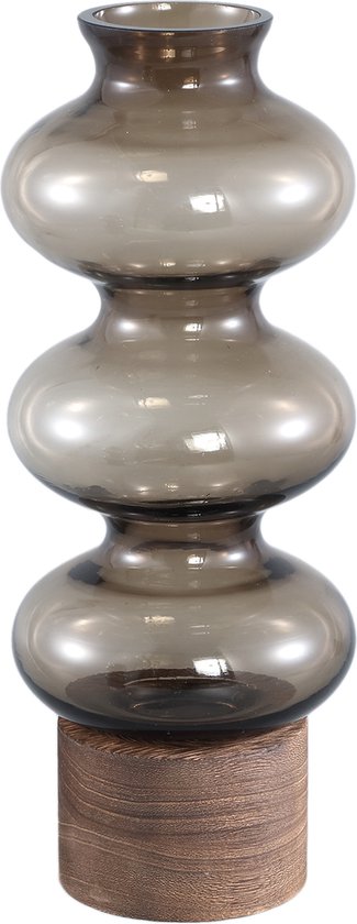 PTMD Cintia Brown glass vase bulb shape wooden base L