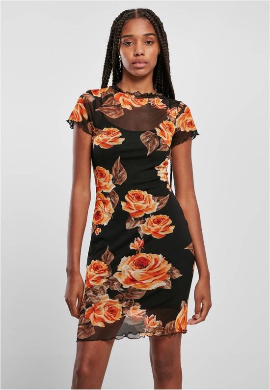 Urban Classics Korte jurk Mesh Double Layer mangorose Zwart/Multicolours