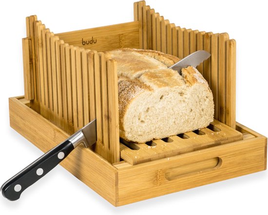 Budu broodsnijder bamboe – Broodsnijder hulpmiddel - Broodplank hout – Broodsnijplank met opvangbak - Bamboe - 30x20cm