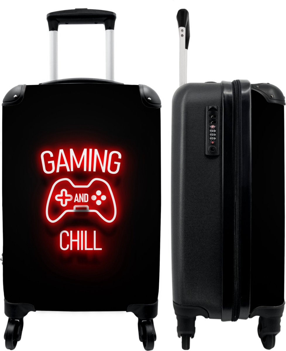 NoBoringSuitcases.com® Koffer - Gaming - Quotes - Gaming and chill - Neon - Rood - Past binnen 55x40x20 cm en 55x35x25 cm - Handbagage - Trolley - Fotokoffer - Cabin Size - Print - Kinderkoffer - Kindertrolley