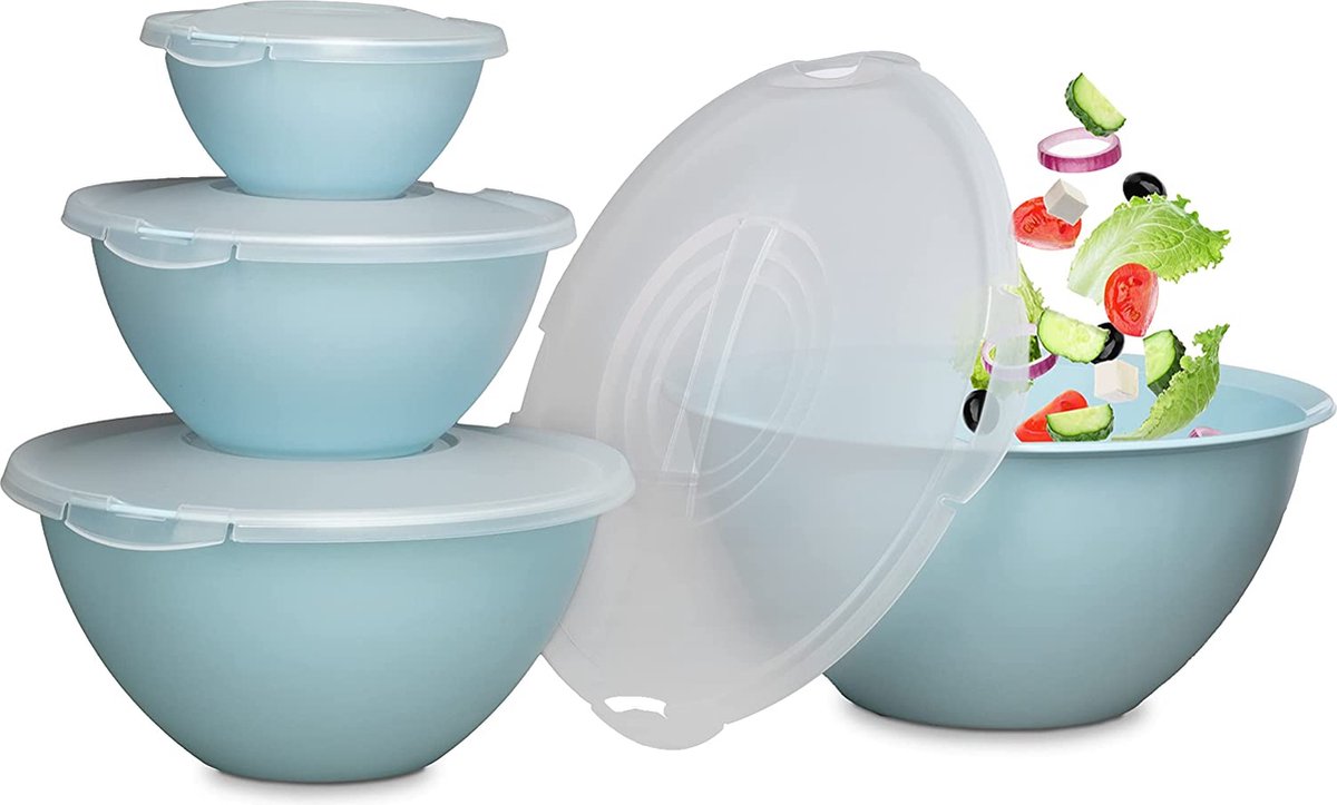 Hausfelder Saladekommen Set groot, 8-delige kommen en dekselset van kunststof BPA-vrij, groene kommen met doorzichtige deksels (8-delig, turquoiseblauw)