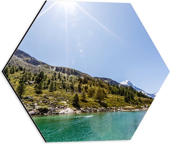Dibond Hexagon - Zon boven Rivier in Zwitsers Landschap - 40x34.8 cm Foto op Hexagon (Met Ophangsysteem)