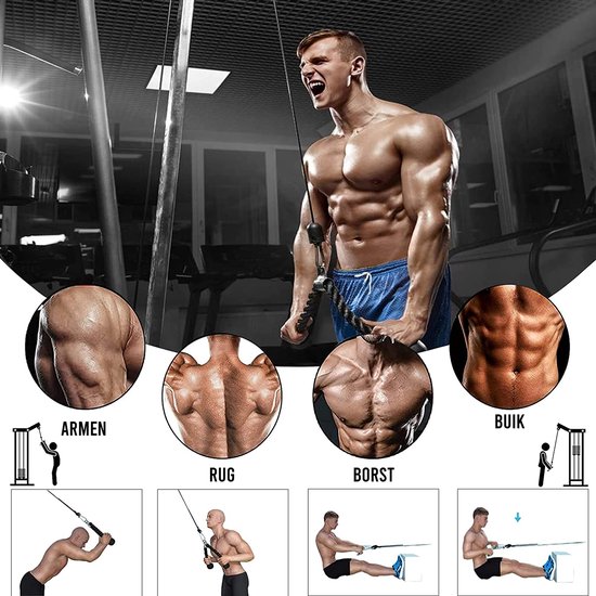 Krachtstation – Kabelsysteem Fitness – Krachttraining – Triceps Touw – Power Rack – Homegym – Lat Pulldown – Pulley – 16-Delig - Zonder de gewichten