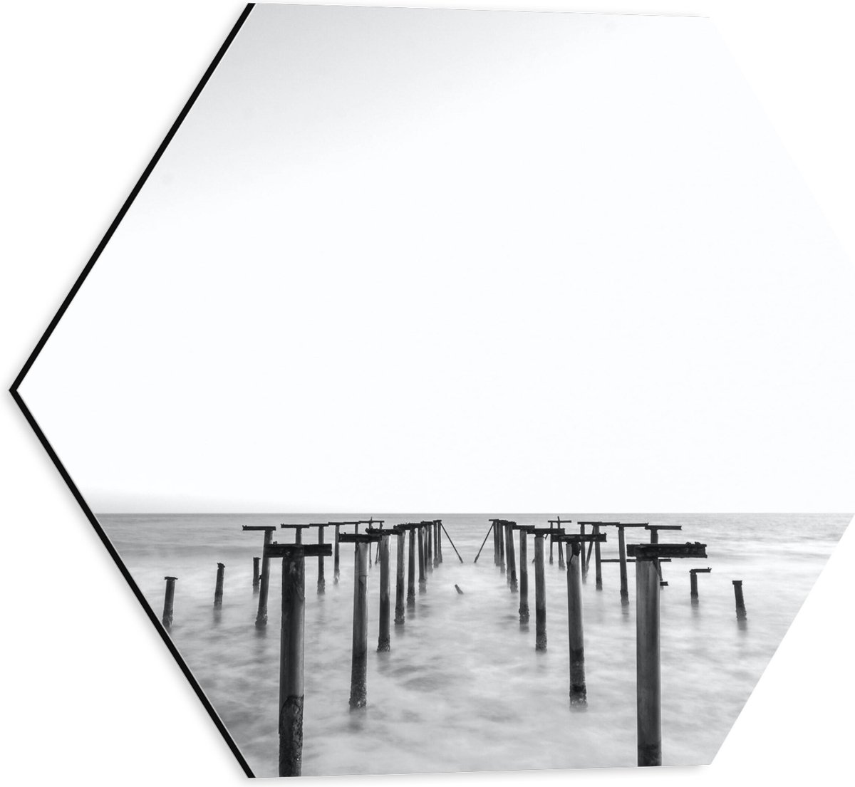 Dibond Hexagon - Rij Palen in de Zee - 40x34.8 cm Foto op Hexagon (Met Ophangsysteem)
