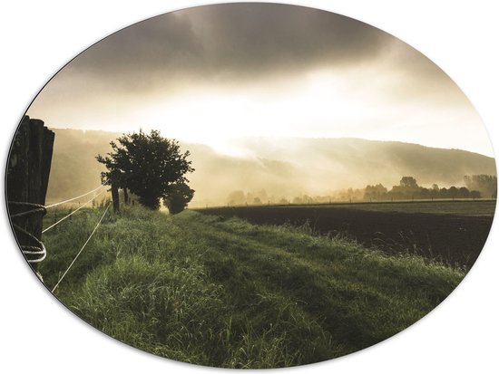 WallClassics - Dibond Ovaal - Boeren Weiland met Afzetting - 96x72 cm Foto op Ovaal (Met Ophangsysteem)