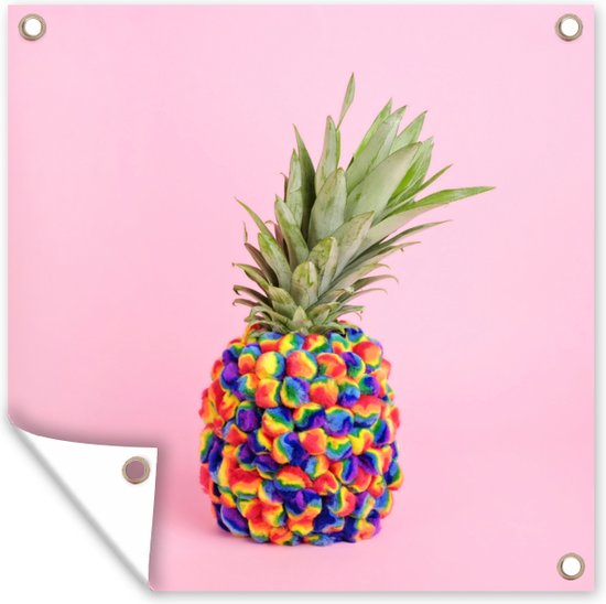 Tuin poster Een ananas bedekt met gekleurde balletjes - 200x200 cm - Tuindoek - Buitenposter