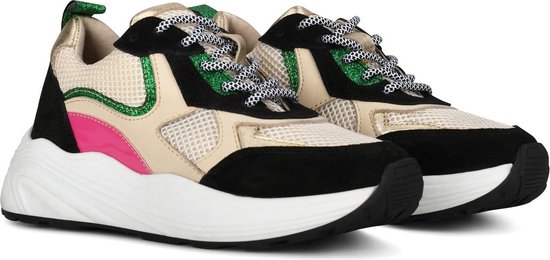 Vue d'ensemble de baskets pour femme avec maille beige, daim noir, accents rose et vert. Détails dorés métalliques.
