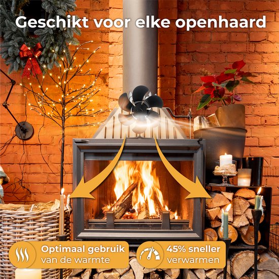 Zwarte kachelventilator op een houtkachel met brandend vuur. Pijlen tonen luchtcirculatie. Tekst: 'Geschikt voor elke openhaard', 'Optimaal gebruik van de warmte', '45% sneller verwarmen'.