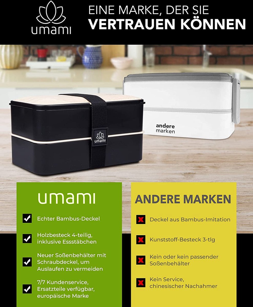 BORZMARKT - UMAMI Bento Box voor volwassenen/kinderen, nieuwe premium editie, 1 sauspop en 4 bestek, lunchbox voor mannen/vrouwen, 2 prep-containers, magnetron, vaatwasser, vriezer, BPA-vrij
