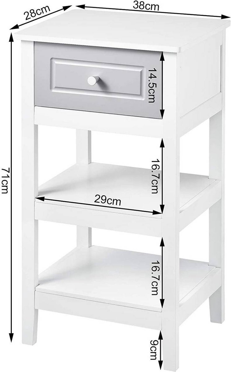 FBT66-W Nachtkastje Bijzettafel Veelzijdig Salontafel Bijzettafe 1 Lade En 2 Planken Wit