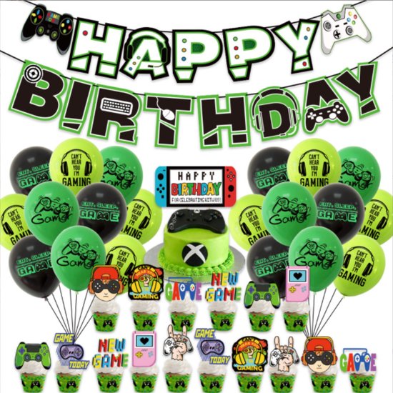 Game Versiering met Happy Birthday Slinger - Game Versiering Verjaardag - 65 items - Verjaardag Versiering - Ballonnen - Fienosa
