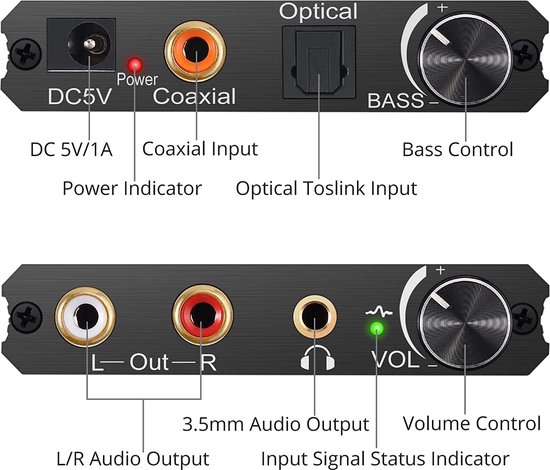 Convertisseur audio numérique vers analogique DAC avec prise jack 3,5 mm,  convertisseur optique SPDIF Toslink coaxial vers analogique stéréo L/R