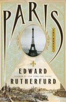 Boekomslag voor "Paris" met de Eiffeltoren, de Seine en de titel "Paris THE NOVEL" door Edward Rutherfurd.