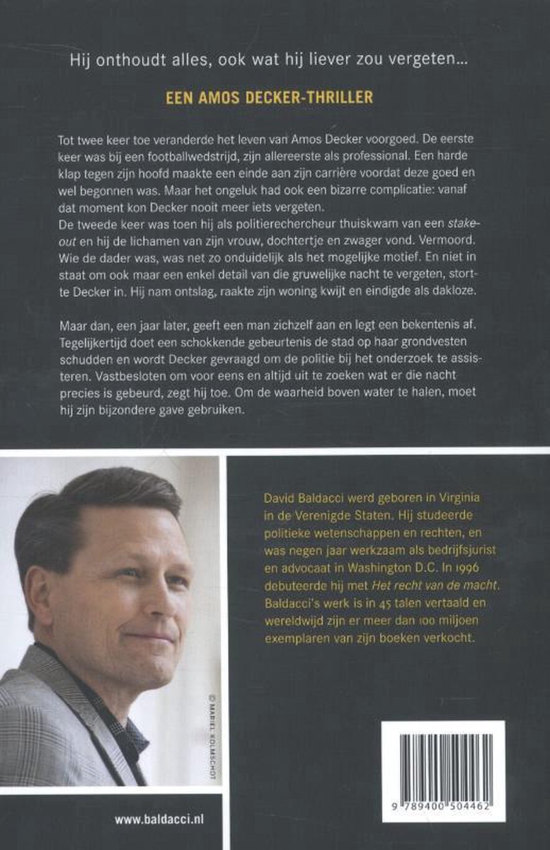 Achterkant van 'De geheugenman' van David Baldacci. Foto van David Baldacci. Tekst: Hij onthoudt alles, ook wat hij liever zou vergeten...