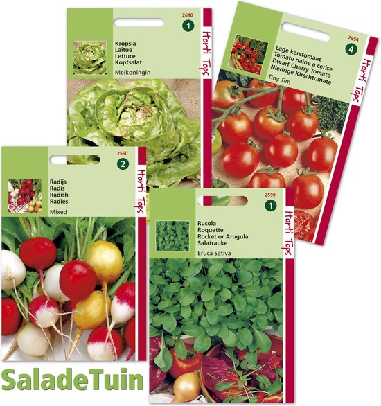 Horti Tops Salade Tuin - 4 zakjes zaden - Radijs, balkontomaat, rucola en sla