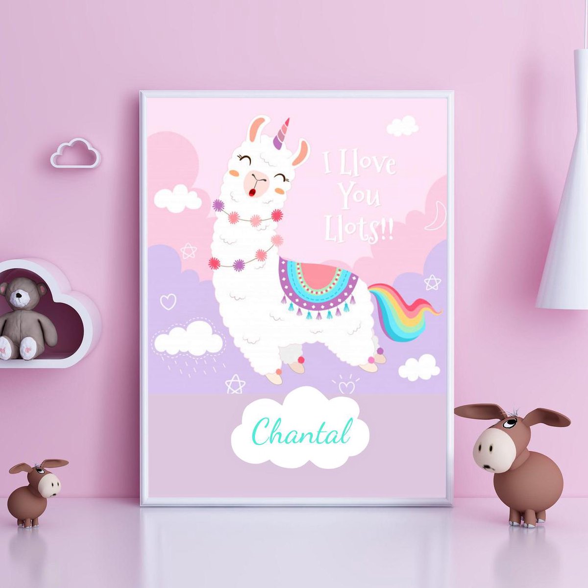 Gepersonaliseerde poster babykamer of kinderkamer, poster met naam van kind, gepersonaliseerd kraamcadeau. Inclusief fotolijst ! 21x30 cm (A4). Lama, love you lots