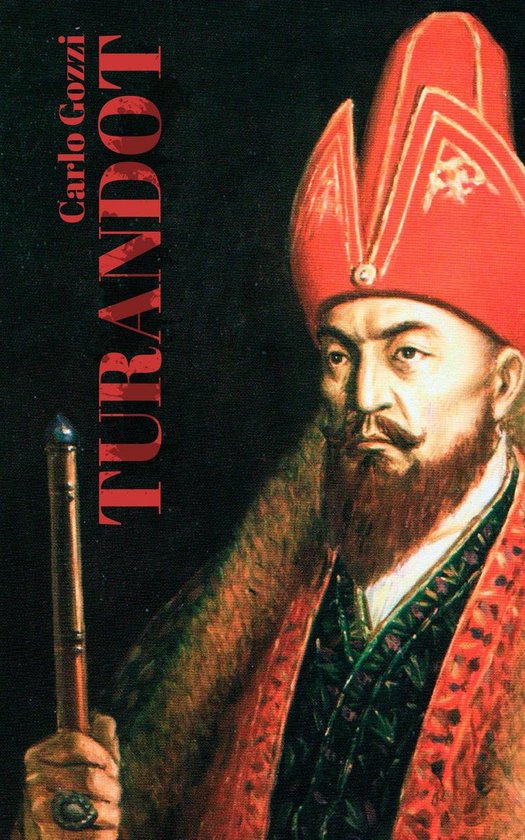 Boekomslag met Carlo Gozzi's Turandot in rode letters. Middenvoor een schilderij van een man met rode tulband, rode mantel en baard.