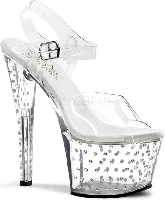 Pleaser - STARDUST-708 Sandaal met enkelband, Paaldans schoenen - Paaldans schoenen - 37 Shoes - Transparant/Zilverkleurig