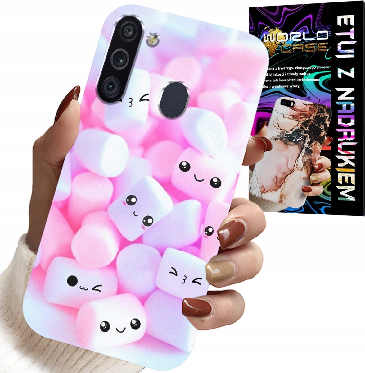 HOESJE VOOR SAMSUNG GALAXY A21 - PATROON 'Sweet Marshmallow', VOORKANT, ACHTERKANT