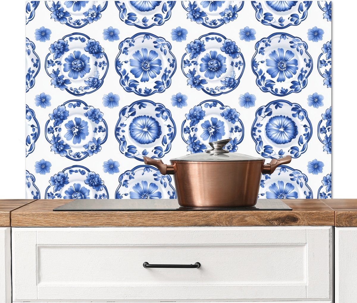 Spatscherm keuken 100x65 cm - Kookplaat achterwand Sierborden - Bloemen - Blauw - Muurbeschermer - Spatwand fornuis - Hoogwaardig aluminium