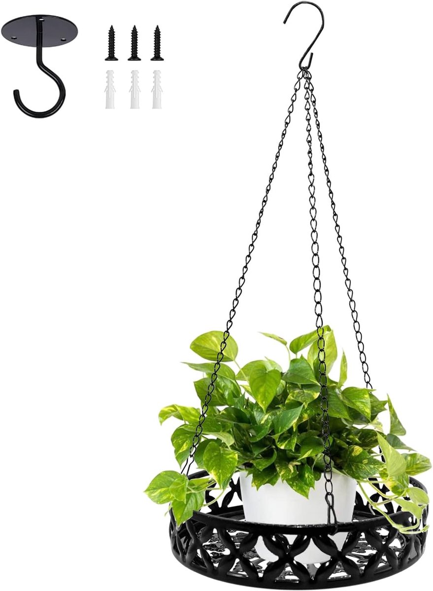 longziming - Hangende Plantenmand Ondersteuning - Heavy-Duty Plafondhaak en Kettingset - Roestbestendig IJzer - Geschikt voor Binnen en Buiten - Hoge Draagkracht - 1 Set - 25 cm - Zwarte Hangende Plantenbakken