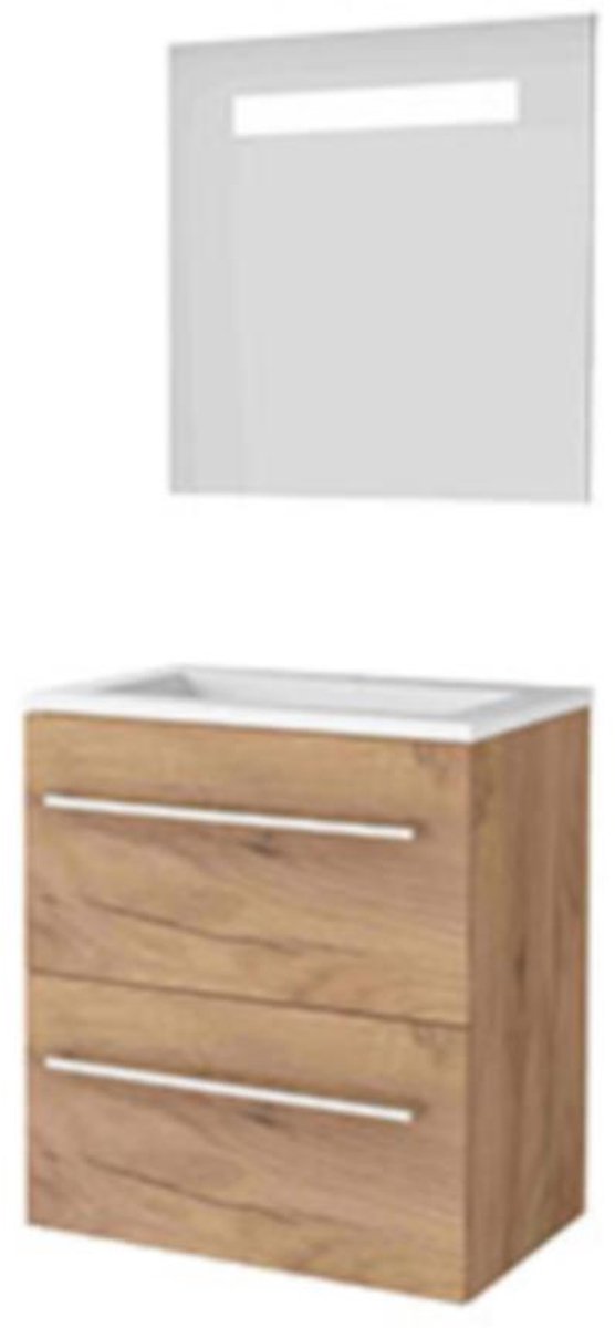 Basic-Line Economic 39 Badkamermeubelset - Ondiep - 60 x 39 cm - Met Grepen - 2 Lades - Acryl Wastafel - 1 Kraangat - Spiegel met LED Verlichting - Whisky Oak