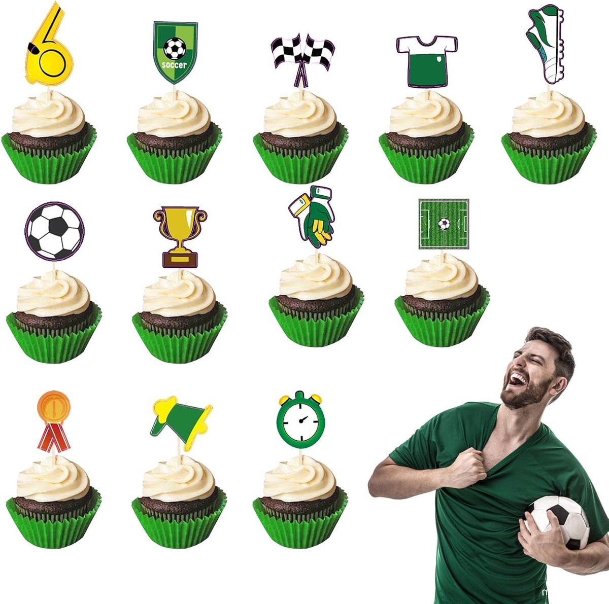 Voetbal topper - 24 stuks - Prikkers voetbal - Cupcake topper - Voetbal - WK voetbal 2026 - WK voetbal versiering - voor sportfans, wereldkampioenschap party - verjaardag voetbal topper - cupcake topper voetbal -voetbal verjaardag