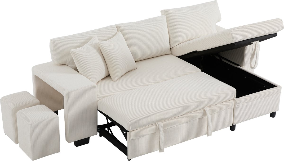 REDOM Hoekslaapbank - Met Opbergruimte En USB-C-Laadpunten - Modern - Voor Woonkamer - Ribstof - Beige - 231 x 131,5 x 84 cm