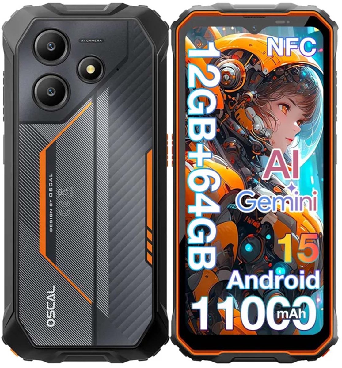 OSCAL MARINE 2 Robuuste Smartphone - Gemini AI - 12GB RAM+64GB ROM - 11000mAh Robuuste Telefoon - 6,56 Inch - IP68 IP69K - Dual SIM 4G - Android 15 - BT5.2 - NFC GPS - Oranje