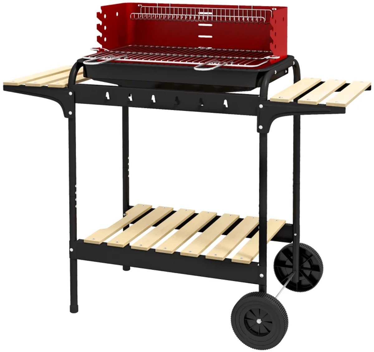 Premie Houtskool Barbecue - in Hoogte Verstelbaar Grillrooster - Grilloppervlak 53x34cm - met Houten Plank en Wielen - BBQ voor Kamperen, Buiten, Tuin - 103x47x95 cm - Rood