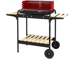 Premie Houtskool Barbecue - in Hoogte Verstelbaar Grillrooster - Grilloppervlak 53x34cm - met Houten Plank en Wielen - BBQ voor Kamperen, Buiten, Tuin - 103x47x95 cm - Rood