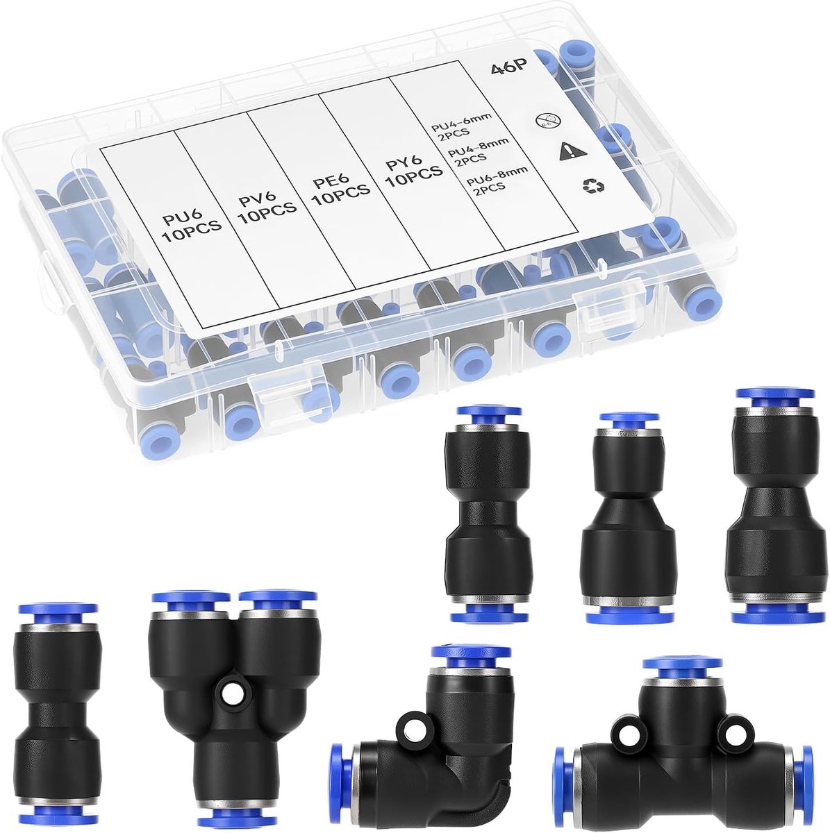 Pneumatische Snelkoppeling Set - Luchtslang Koppelingen - Perslucht Systemen - 46-Delig Uitgebreid - 4mm 6mm 8mm - Blauw