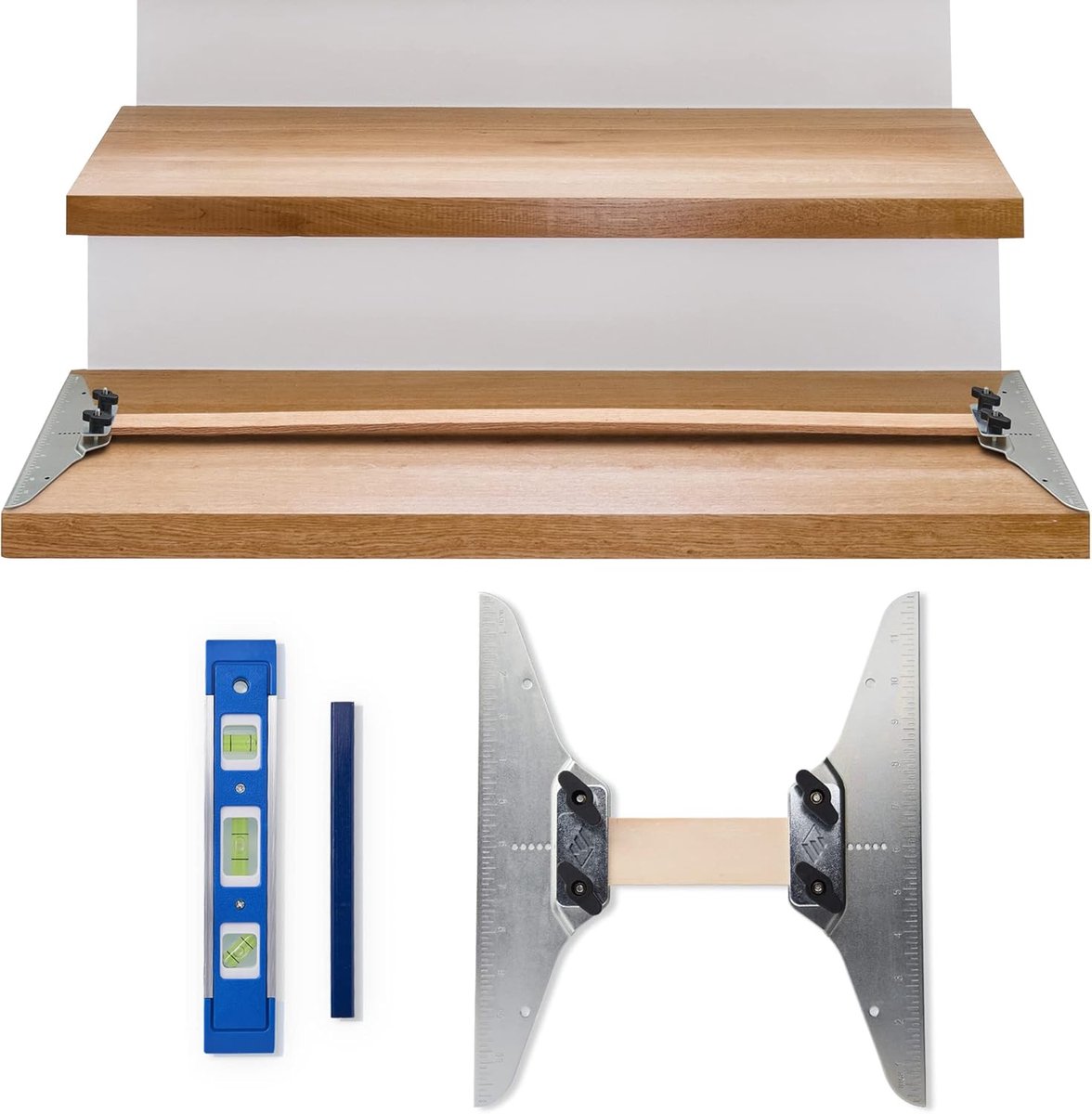 Trapleuning Sjabloon - Trap Meetgereedschap - Nauwkeurig Trappen Maken - Inclusief Potlood Waterpas - 30.5 cm Lengte - Zilver