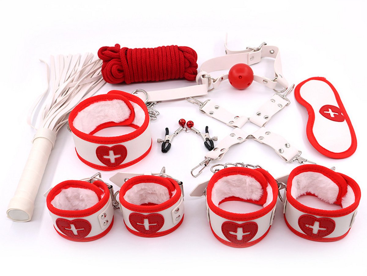 BDSM Bondage Set 9-delig – Leer & Metaal – Inclusief Handboeien, Enkelboeien & Accessoires – Verstelbaar – Voor Koppels – Rood & Wit