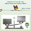 Illustratie die het dunne en lichte gewicht van 4,5 mm en 1 kg van de Blackview DCM8 Pro aantoont met een vlinder en een weegschaal.