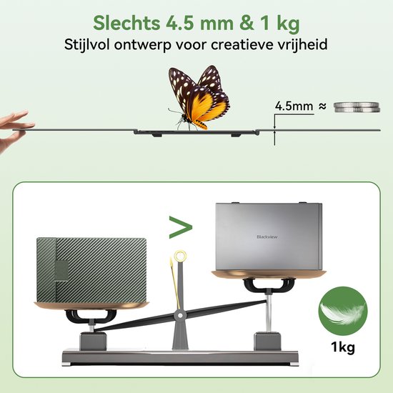 Illustratie die het dunne en lichte gewicht van 4,5 mm en 1 kg van de Blackview DCM8 Pro aantoont met een vlinder en een weegschaal.