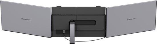 Grijze Blackview DCM8 Pro monitor met twee uitklapbare schermen, gezien vanaf de achterkant.