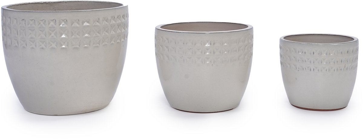 3-delige handgemaakte keramische bloempotten set (Ø 38,1/30,5/22,9 cm) – wit ruitpatroon – met afwateringsgat – voor binnen en buiten
