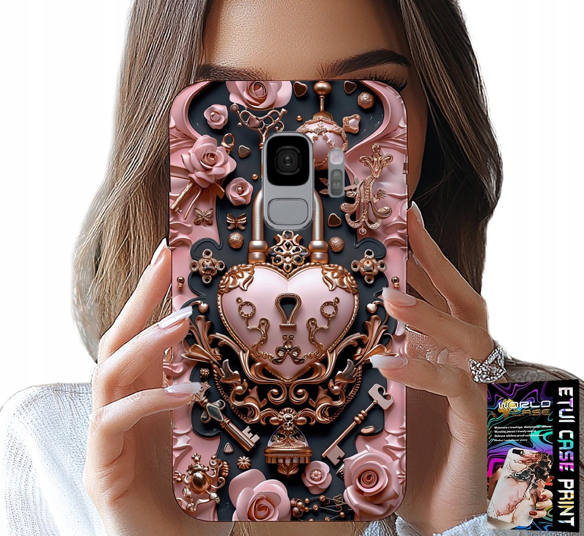 HOESJE VOOR SAMSUNG GALAXY S9 - VROUWELIJK, MODIEUS PATROON, ROZEN HARTJE MET SLUITING