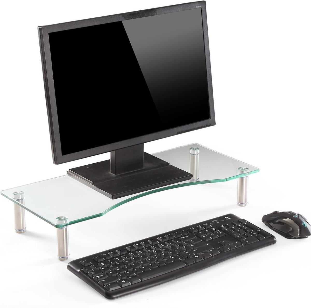 Monitor Stand - Verhoger Bureau - Betere Houding - Verstelbare Poten - 56cm Breed - Helder Glas