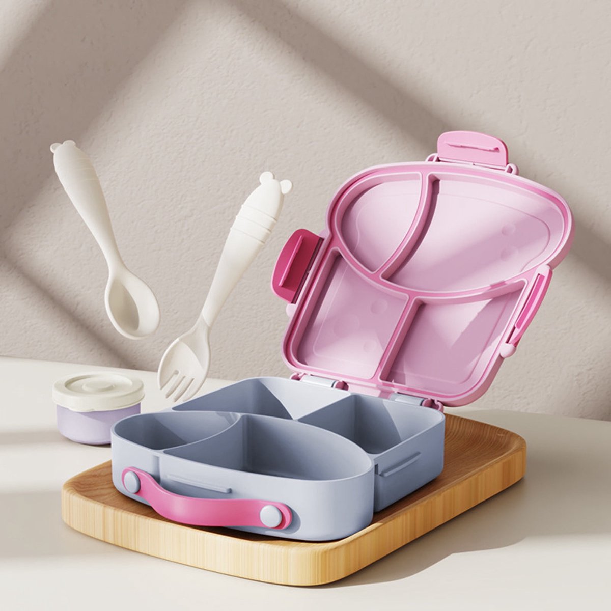 Lunchbox met vakjes Geschikt voor buiten, Geschikt voor voor de magnetron, inclusief vork en lepel, en een apart vakje Geschikt voor saus. Geschikt voor voor kinderen, volwassenen, werk, school en picknicks (paars).